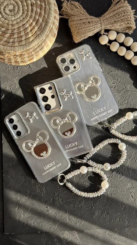 قاب گوشی سامسونگ میکی اسکوییکی داگ آیینه ای نگین دار + بندست