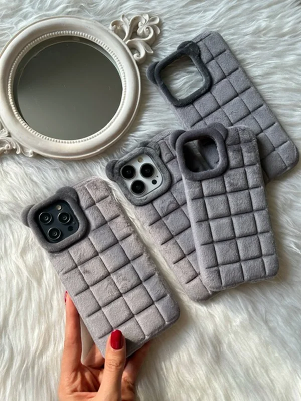 قاب گوشی آیفون پشمی گوشدار طوسی