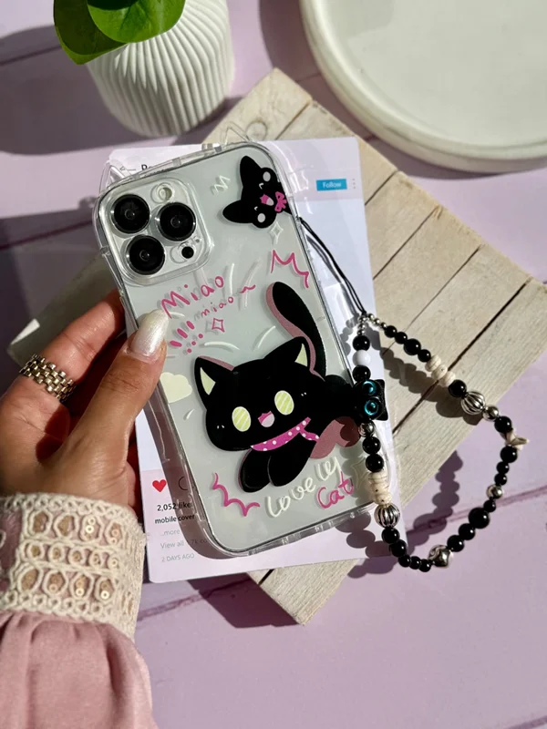 قاب موبایل آیفون گربه مشکی گوش دار با آویز