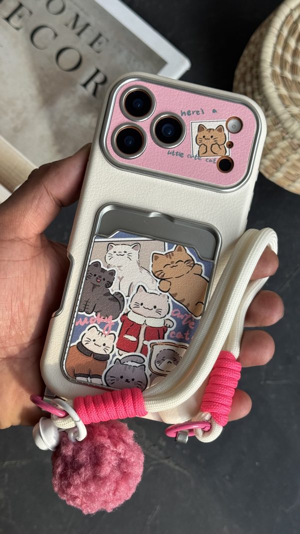 قاب موبایل آیفون گربه اسکاتیش جاکارتی دار + بند و آویزمنگوله ست