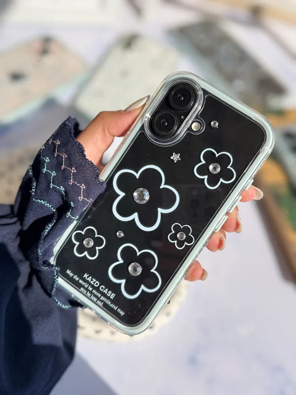 قاب گوشی آیفون گل آبی نگین دار