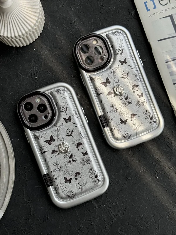 قاب گوشی آیفون پروانه و گل ریز نقره ای