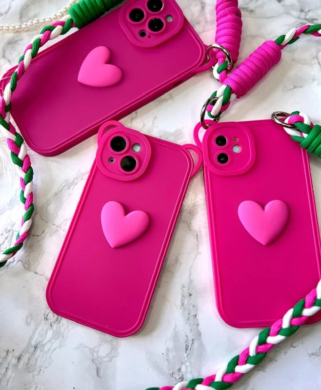 قاب گوشی آیفون قلب سرخابی با بند طنابی بلند