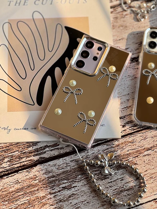 قاب گوشی سامسونگ آینه ای پاپیون مرواریدی با آویز