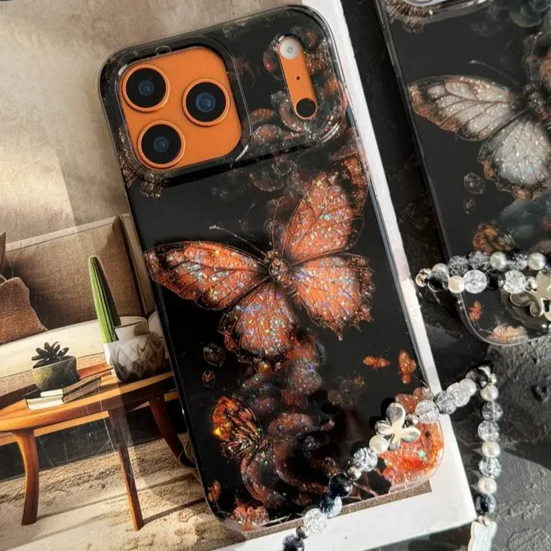 کاور آیفون پروانه ترنسپرنت مشکی پولکی طلایی